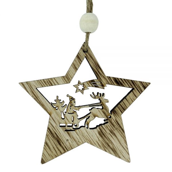 Stella in Legno Naturale Con Scena Natalizia - H 10 cm - immagine 3