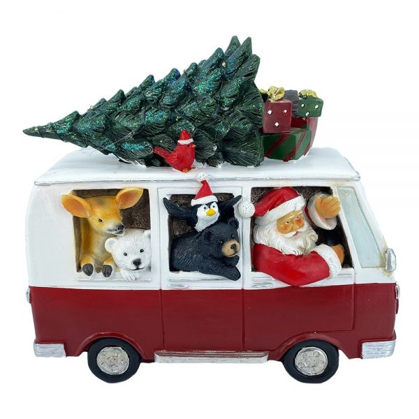 Babbo Natale e Animali su Pulmino con LED  - H 27 cm