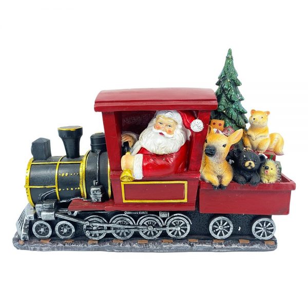 Babbo Natale su Locomotiva con LED in resina - H 29 cm