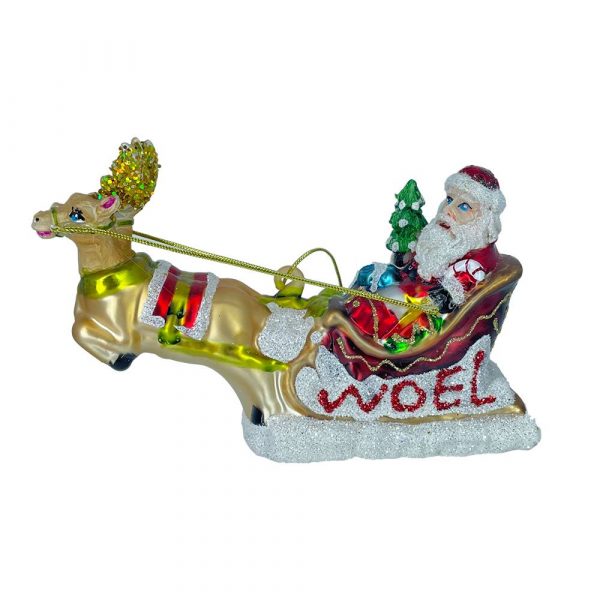 Babbo Natale su Slitta con Renna e Doni in Vetro - 15 cm