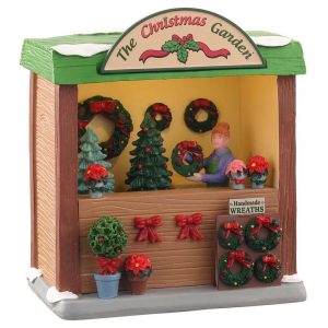 Chiosco di Ghirlande The Christmas Garden Bancarella del Mercatino H 12 cm Edificio Illuminato Lemax - 14908