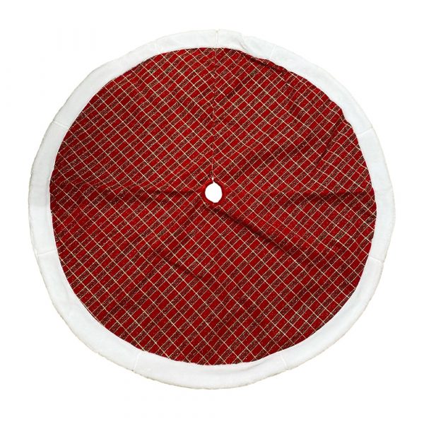 Copribase in Tessuto Rosso con decorazioni a Trama Scozzese Glitter Oro, Rosso e Verde con Bordo in Pelliccia - Ø 120 cm - immagine 5