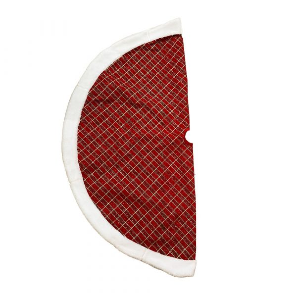 Copribase in Tessuto Rosso con decorazioni a Trama Scozzese Glitter Oro, Rosso e Verde con Bordo in Pelliccia - Ø 120 cm - immagine 4