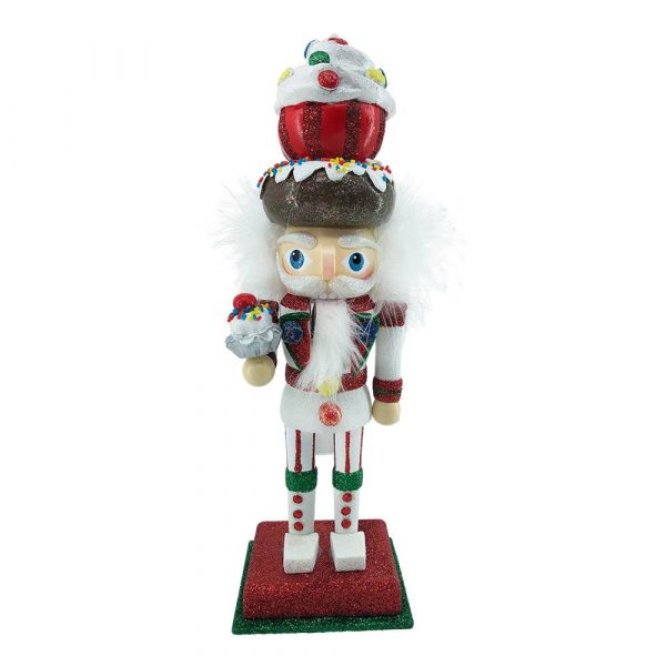 Schiaccianoci Dolcioso Pregiato da Collezione in Legno Bianco Glitter con Donut e Cupcake Kurt Adler - H 25 cm