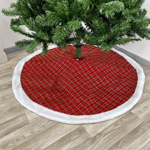Copribase in Tessuto Rosso con decorazioni a Trama Scozzese Glitter Oro, Rosso e Verde con Bordo in Pelliccia - Ø 120 cm