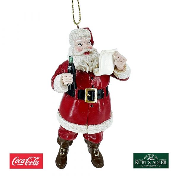 Babbo Natale con Lista dei Doni e Bottiglietta Coca-Cola® in Resina Kurt Adler - H 12 cm