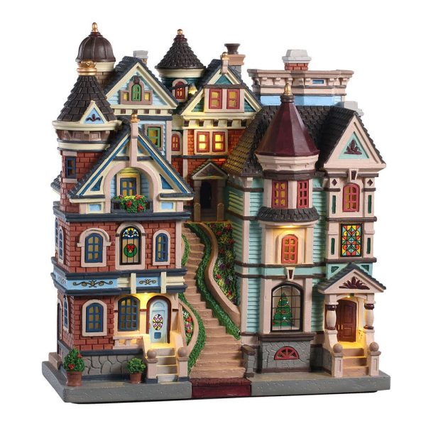 Case con Scalinata Centrale Houses On a Hill H 26 cm Facciata Illuminata Lemax - 05617