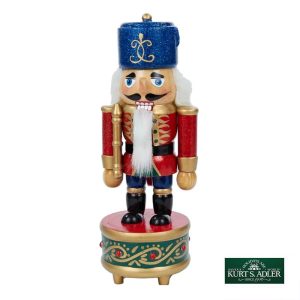 Soldatino Schiaccianoci in Legno Glitterato Rosso e Blu con Carillon Kurt Adler - H 22 cm