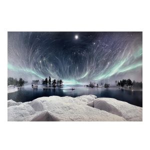 Quadro in tela Luminoso Natalizio con Aurora Boreale su Lago - 60 x 40 cm