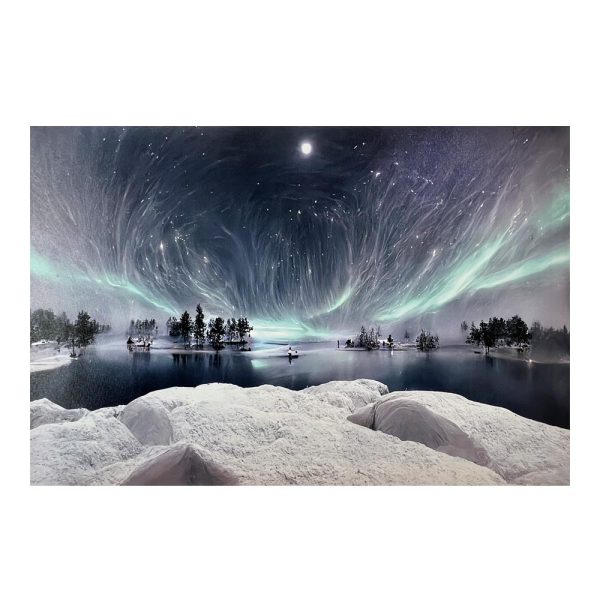 Quadro in tela Luminoso Natalizio con Aurora Boreale su Lago - 60 x 40 cm
