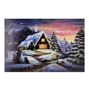 Quadro in tela Luminoso Natalizio con Baita di Montagna e Pupazzo di Neve - 60 x 40 cm