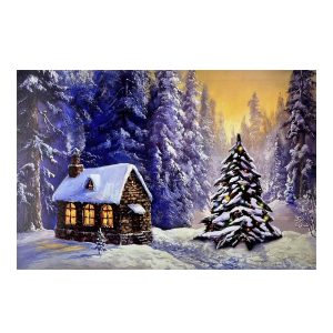 Quadro in tela Luminoso Natalizio con Baita di Montagna e Albero - 60 x 40 cm