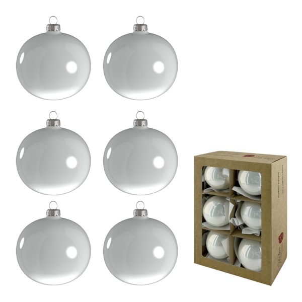 Box 6 Sfere in Vetro ø 80 mm Artigianali Europee - Bianco Inverno Lucido