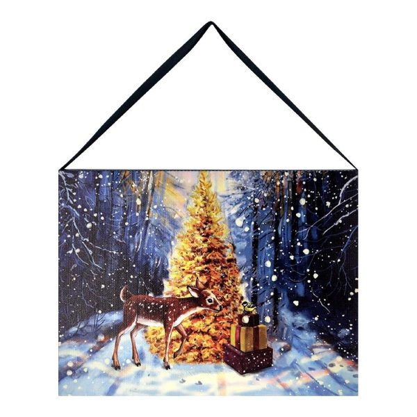 Quadro in tela Luminoso Natalizio con Cerbiatto e Doni natalizi - 20 x 15 cm