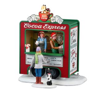 Chiosco di Cioccolata Calda Cocoa Express, set di 2 pezzi Bancarella del Mercatino H 13 cm Edificio Illuminato Lemax - 34149