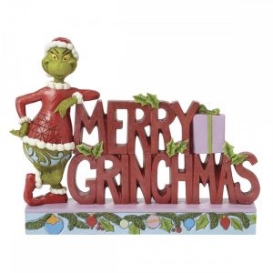 Grinch con Scritta "Merry Grinchmas" in Resina Jim Shore Grinch Collection - L 23,5 X H 18 cm
