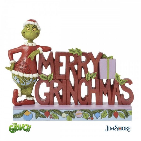 Grinch con Scritta "Merry Grinchmas" Personaggio in Resina Grinch Collection by Jim Shore - H 18 cm