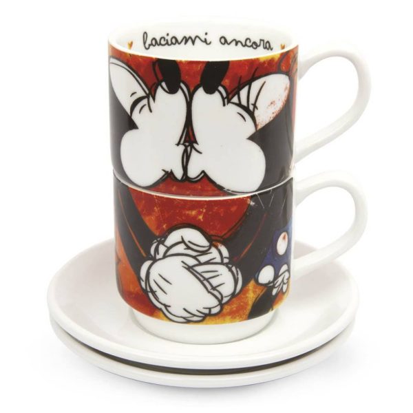 Set 2 Tazzine da Caffè Impilabili Mickey e Minnie Mouse Personaggi ©Disney in Porcellana Egan - Rosso - immagine 2